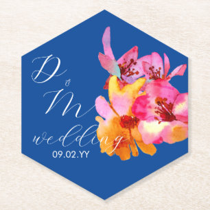 Helle florale Wasserfarben-Monogramm Blau Hochzeit Untersetzer