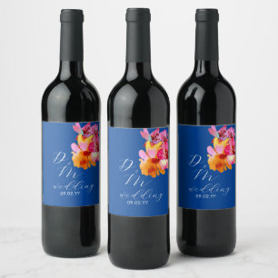 Helle florale Wasserfarben-Monogramm blaue Hochzei Weinetikett