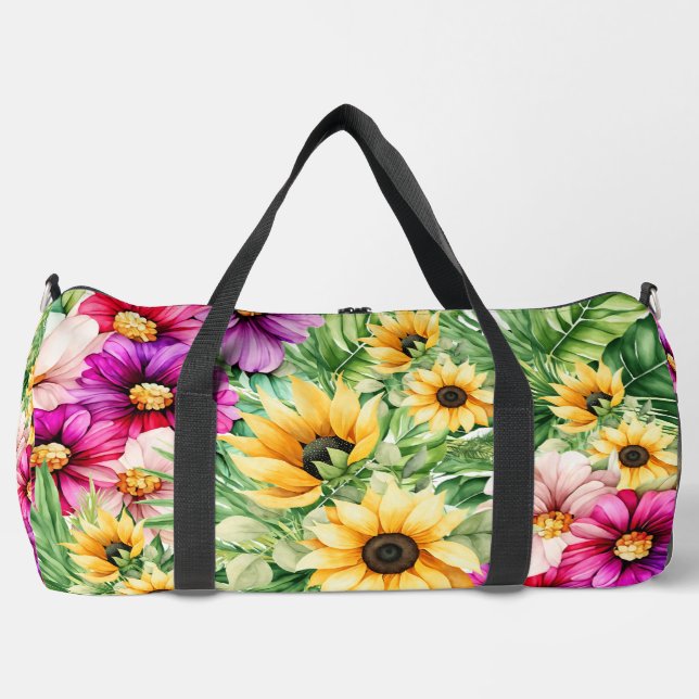 Helle, fröhliche Sonnenblumen und tropische Blume Duffle Bag (Vorderseite)