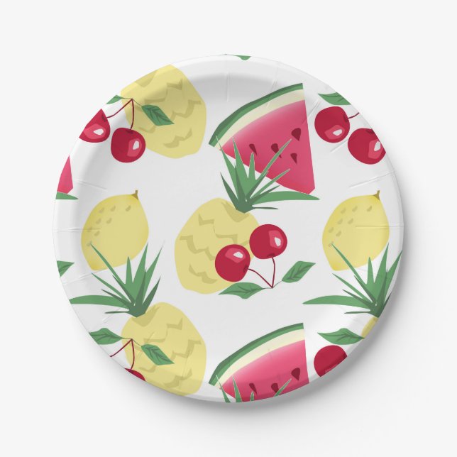 Helle Früchte und Beeren auf weiß. Pappteller (Vorderseite)