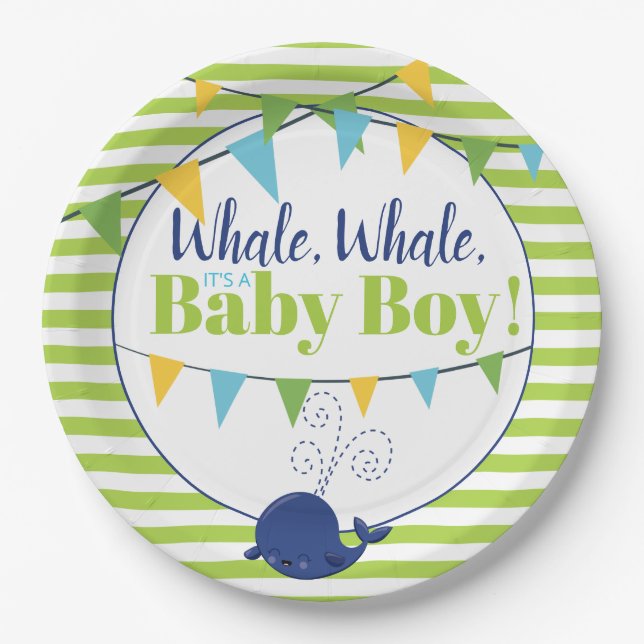 Helle Fun Typografie Niedlich Whale Boy Babydusche Pappteller (Vorderseite)