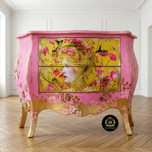 Helle Gelb-Rosa Blumen-Vogelkäfig-Hut-Dekoupage Seidenpapier