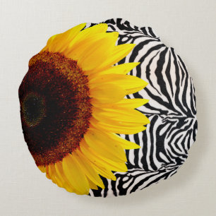Helle gelbe Sonnenblume auf Zebra-Druck-Streifen Rundes Kissen
