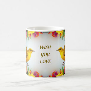 Helle gelbe Vögel in einem lebendigen floralen Rah Kaffeetasse