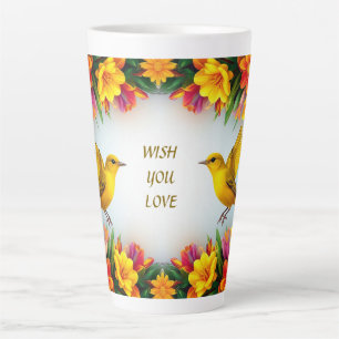 Helle gelbe Vögel in einem lebendigen floralen Rah Milchtasse