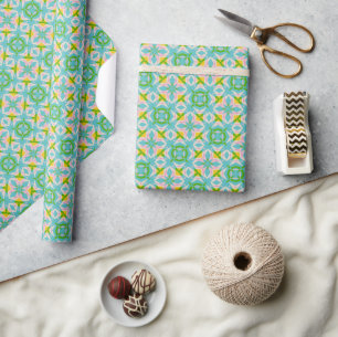Helle geometrische Kaleidoskop-Muster Blau Grün Geschenkpapier