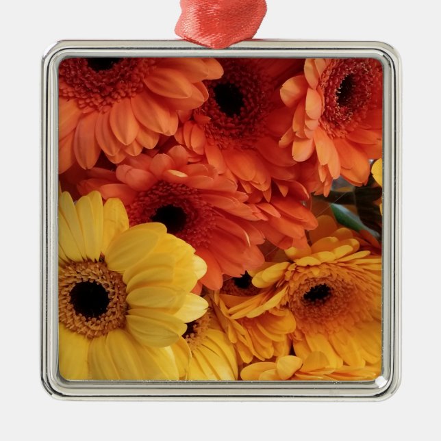 Helle Gerbera-Blume, Orangengelb, Flora Silbernes Ornament (Vorne)