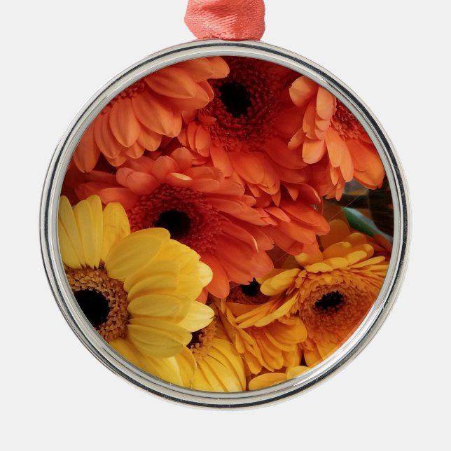 Helle Gerbera-Blume, Orangengelb, Flora Silbernes Ornament (Vorne)