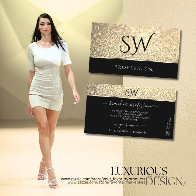 Helle Gold Glitzer Luminous Stars Initials Black Visitenkarte (Von Creator hochgeladen)