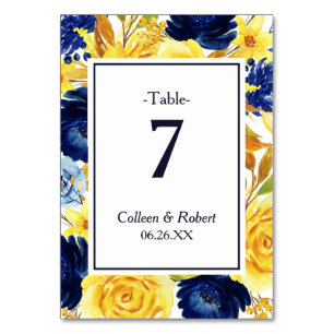 Helle Gold Navy Blue Floral Wedding Table Card Tischnummer
