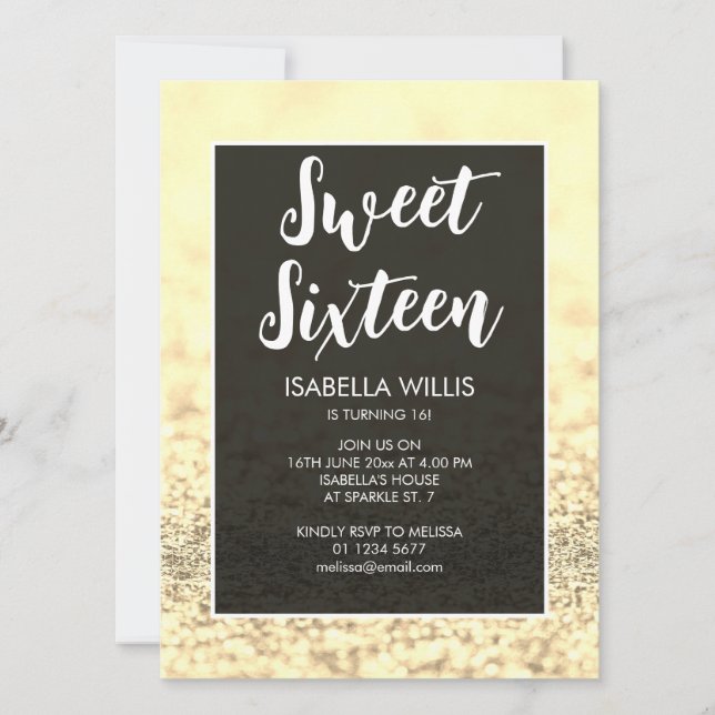 Helle goldene Glitzern Sweet 16 elegante Schrift Einladung (Vorderseite)