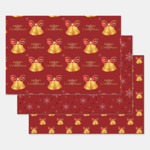 Helle goldene Glocken und rote Schneeflocken Weihn Geschenkpapier Set
