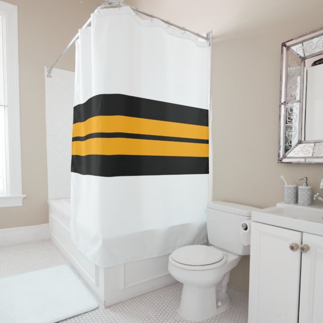 Helle, goldgelbe schwarze Streifen auf weiß Duschvorhang (Beispiel)