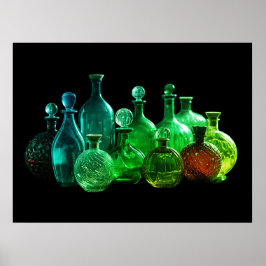 Helle grüne Glasflaschen schwarzer Hintergrund Wan Poster