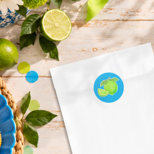 Helle grüne Limette auf blauem handgezeichnetem Zi Runder Aufkleber