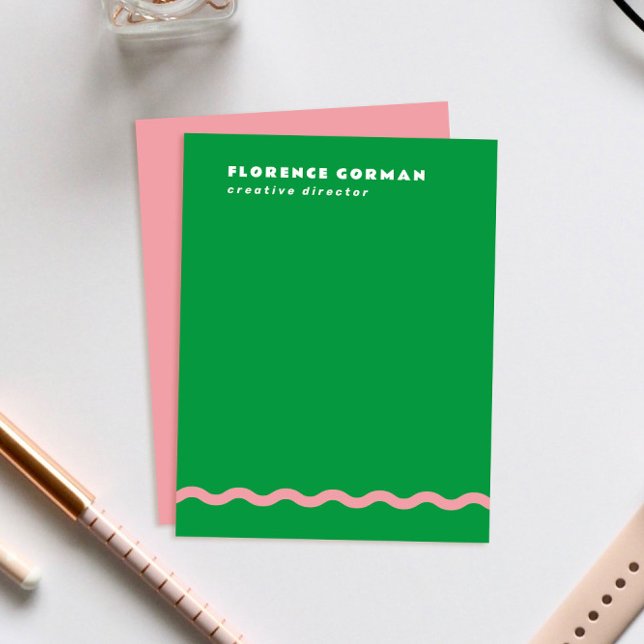 Helle, grüne und rosa Wavy Frame Personal Dankeskarte (bright Kelly green personal stationery note cards with rose pink backer and wavy line detail)