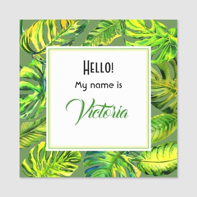 Helle grüne Wasserfarbenpalme Blätter Grosser Plat Namensschild (Vorderseite)