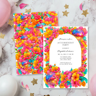 Helle Heißrosa Glitter Floral Disco-Kugel Geburtst Einladung
