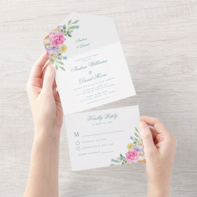 Helle Hochzeit im Wasserfarbengarten All In One Einladung (Abreißen)