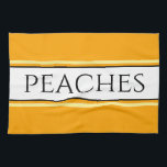 Helle, Hübsche, goldgelbe Streifen Geschirrtuch<br><div class="desc">Dieses elegante Design ist mit PEACHES-Text in einem breiten,  weißen Streifen in der Mitte ausgestattet,  der mit schwarzen,  gelben und orangefarbenen pinstripes gegen hellgelbe äußere Streifen hervorgehoben ist. Der Text kann personalisiert sein.</div>