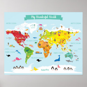 Helle Kinder Weltkarte mit Illustrationen Poster