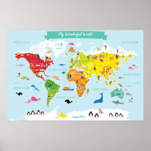 Helle Kinder Weltkarte mit Illustrationen Poster