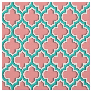Helle Koralle, aquamariner Marokkaner Quatrefoil Stoff