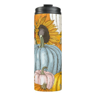 Helle Kürbis, Sonnenblumen, handgezeichnet Muster. Thermosbecher