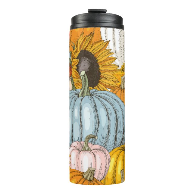 Helle Kürbis, Sonnenblumen, handgezeichnet Muster. Thermosbecher (Vorderseite)