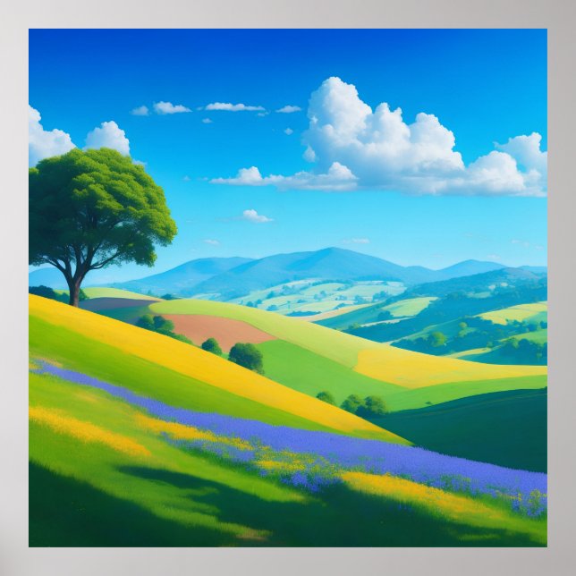 helle Landschaft mit sanften Hügeln Poster (Vorne)