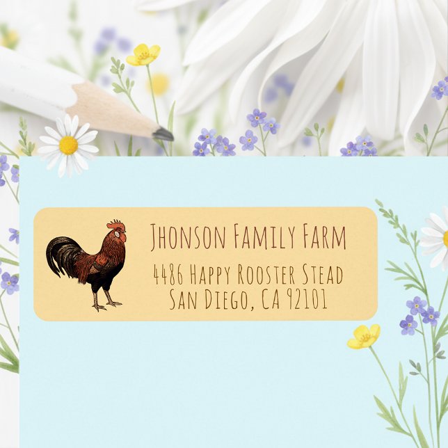 Helle Landwirtsfamilie-Hof-Hahn-Rücksende-Adresse- (Fun Rooster return address label for farmsteads and homes of chicken lovers. 🐓)