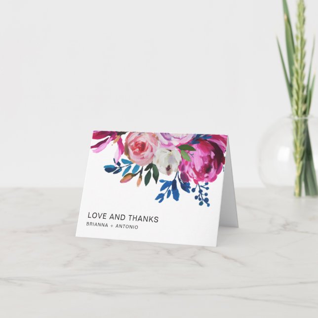 Helle, lebendige rosa Moderne Blumenhochzeit Dankeskarte (Vorderseite)