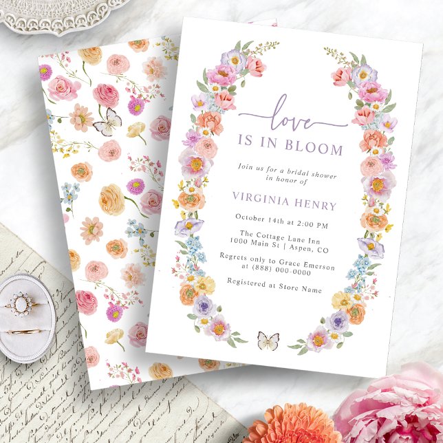 Helle Liebe der Blüte im Brautparty Einladung (Bright Floral Love In Bloom Bridal Shower Invitation by Painted Paperie
)