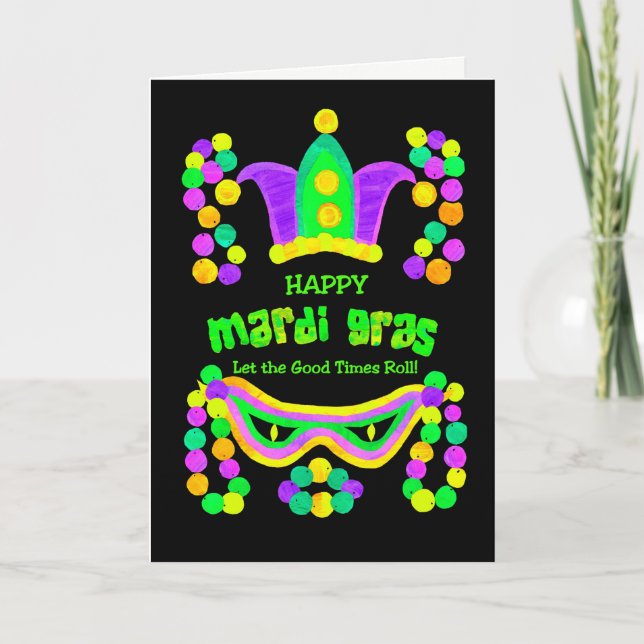 Helle Mardi Gras Card auf schwarzen, Kronen-Maske- Karte (Vorderseite)