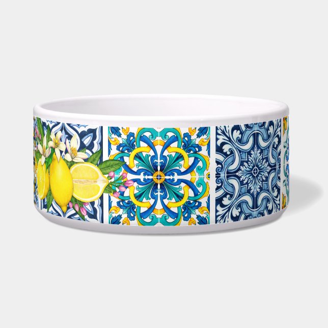 Helle mediterrane sizilianische Tile Lemon Pet Bow Napf (Vorderseite)