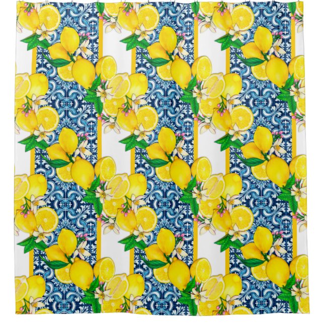 Helle mediterrane sizilianische Tiles Citrus Lemon Duschvorhang (Vorderseite)