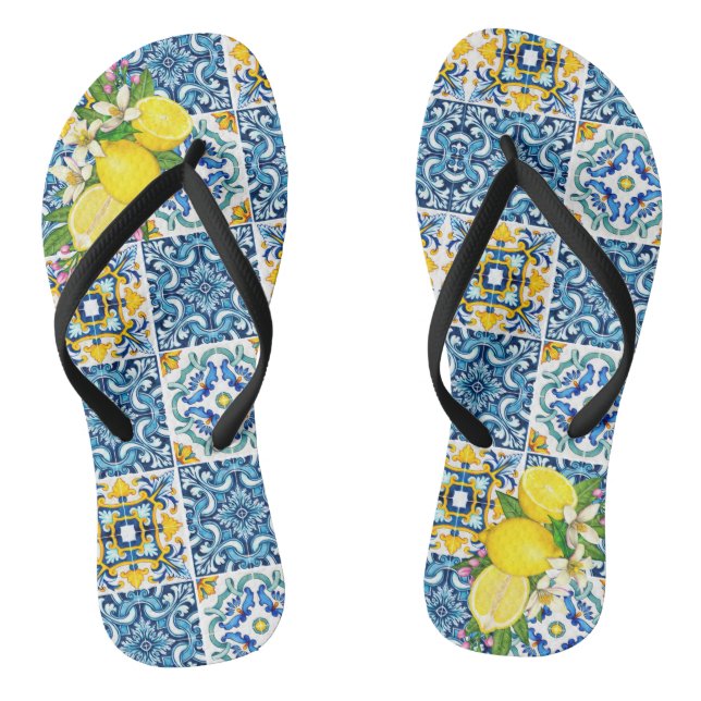 Helle mediterrane sizilianische Tiles Citrus Lemon Flip Flops (Fußbett)