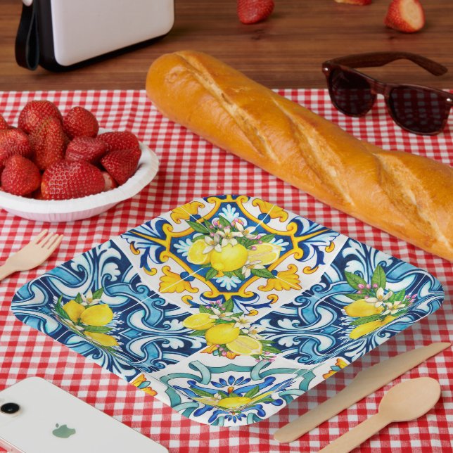 Helle mediterrane sizilianische Tiles Citrus Lemon Pappteller (Picknick)