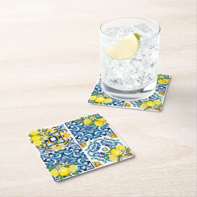 Helle mediterrane sizilianische Tiles Citrus Lemon Rechteckiger Pappuntersetzer (Vor Ort)