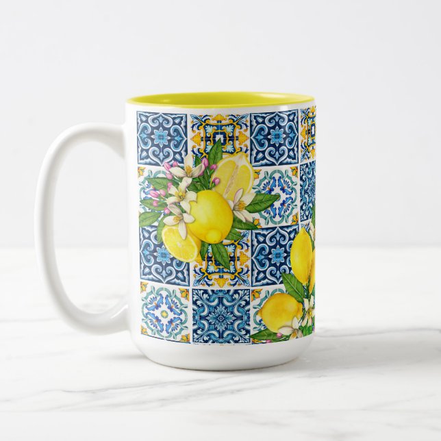 Helle mediterrane sizilianische Tiles Citrus Lemon Zweifarbige Tasse (Links)
