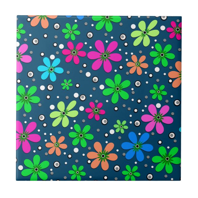 Helle, mehrfarbige Kamillenfarben auf blauen Blume Fliese (Vorderseite)