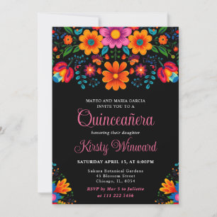 Helle mexikanische Blumen-Volks-Kunst Quinceañera Einladung