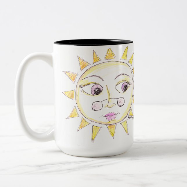Helle mit Augen Sonne mit Brillengläsern Zweifarbige Tasse (Links)