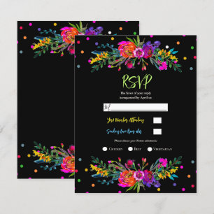Helle moderne Blumen & Schwarze Fiesta RSVP Antwor Einladung
