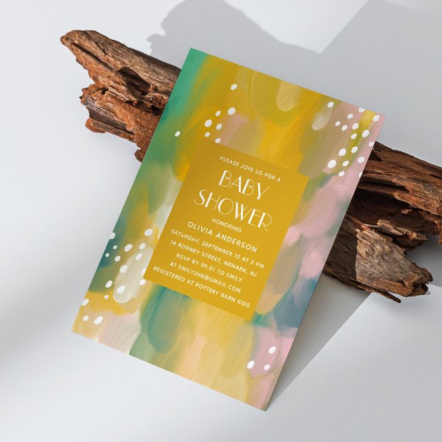 Helle, moderne, gelb-grüne Ölgemälde Babydusche Einladung (Von Creator hochgeladen)