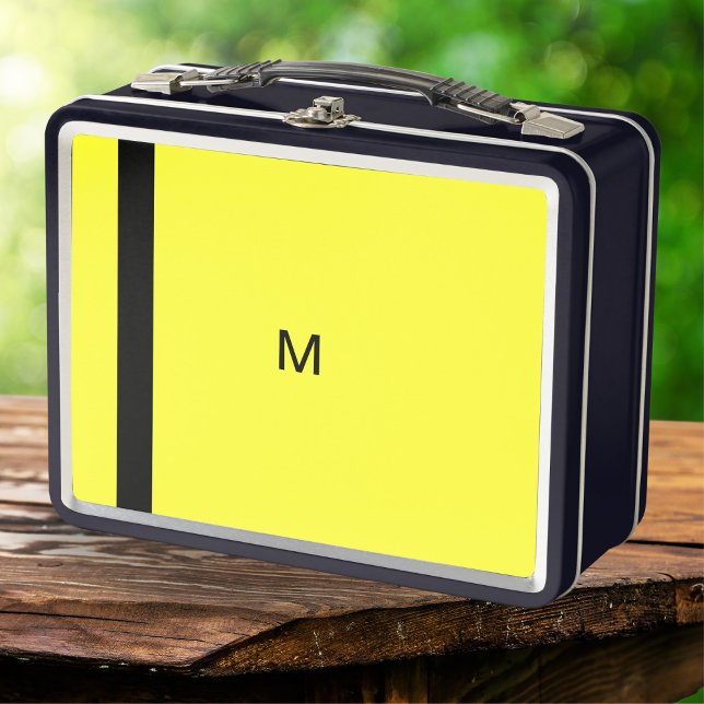 Helle, moderne, moderne, gelbe Minimalmonogramm Metall Brotdose (A monogrammed metal lunch box with bright yellow and black minimalist modern design)