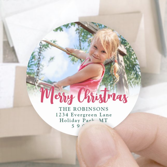 Helle moderne Script-Foto-Rücksendeadressen-Aufkle Runder Aufkleber (Von Creator hochgeladen)