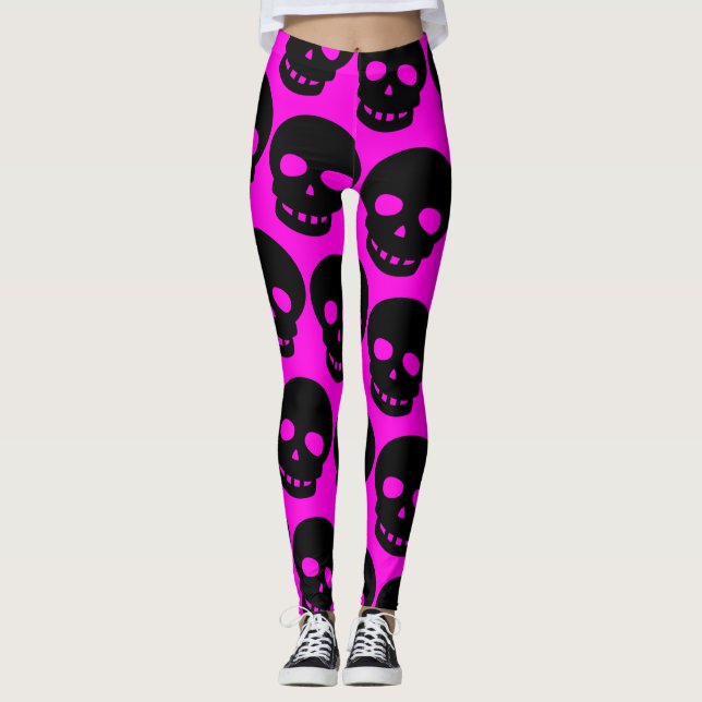 Helle Neon Hot Pink Goth Big Print Skulpturen Leggings (Vorderseite)