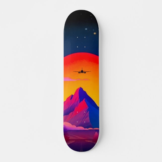 Helle Neon Mountains Sunrise Flugzeug Skateboard (Vorne)