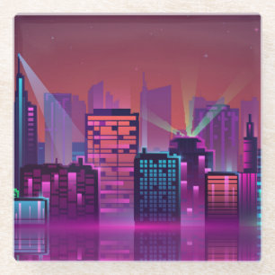 Helle neon Nacht Stadtlandschaft, vintage. Glasuntersetzer
